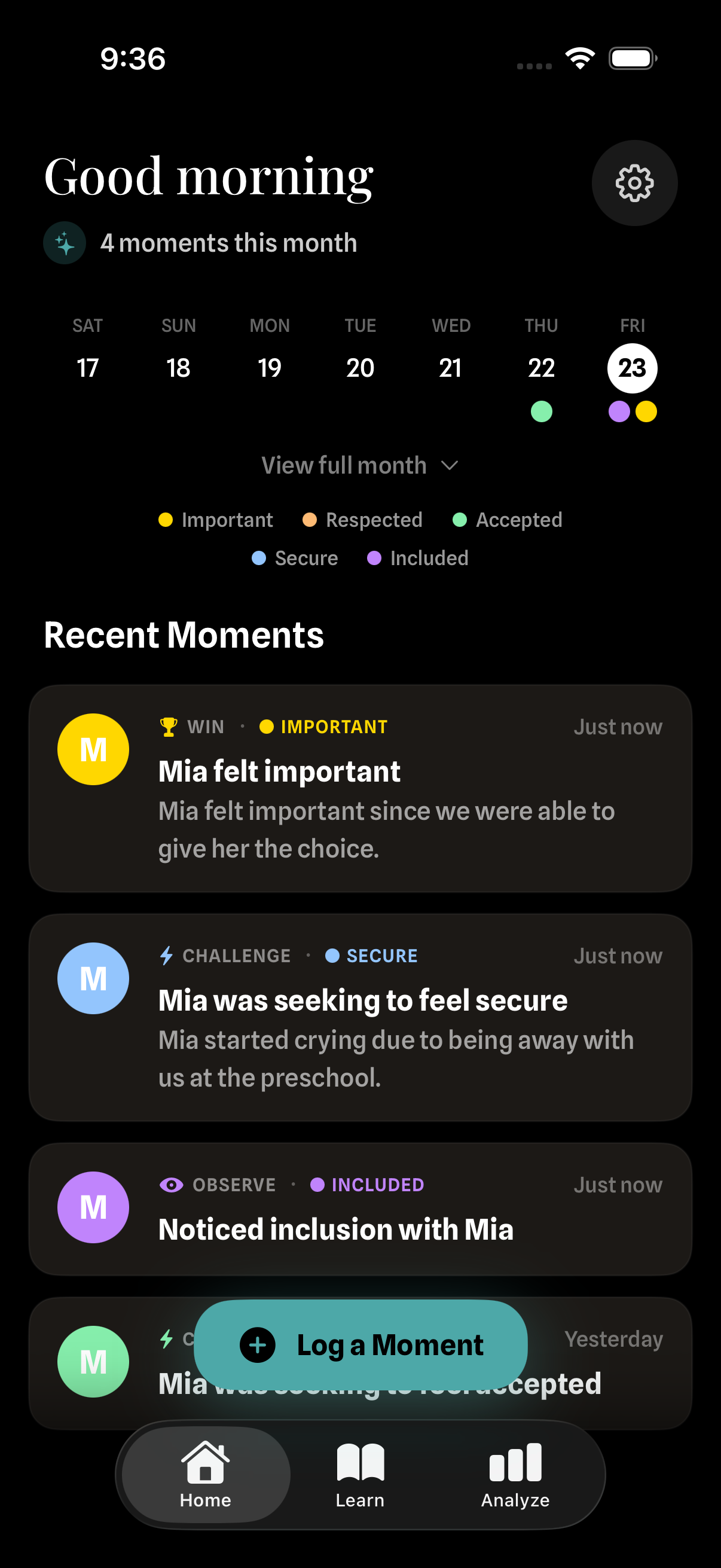 Five Needs app home screen showing calendar with emotional need tracking and recent moments